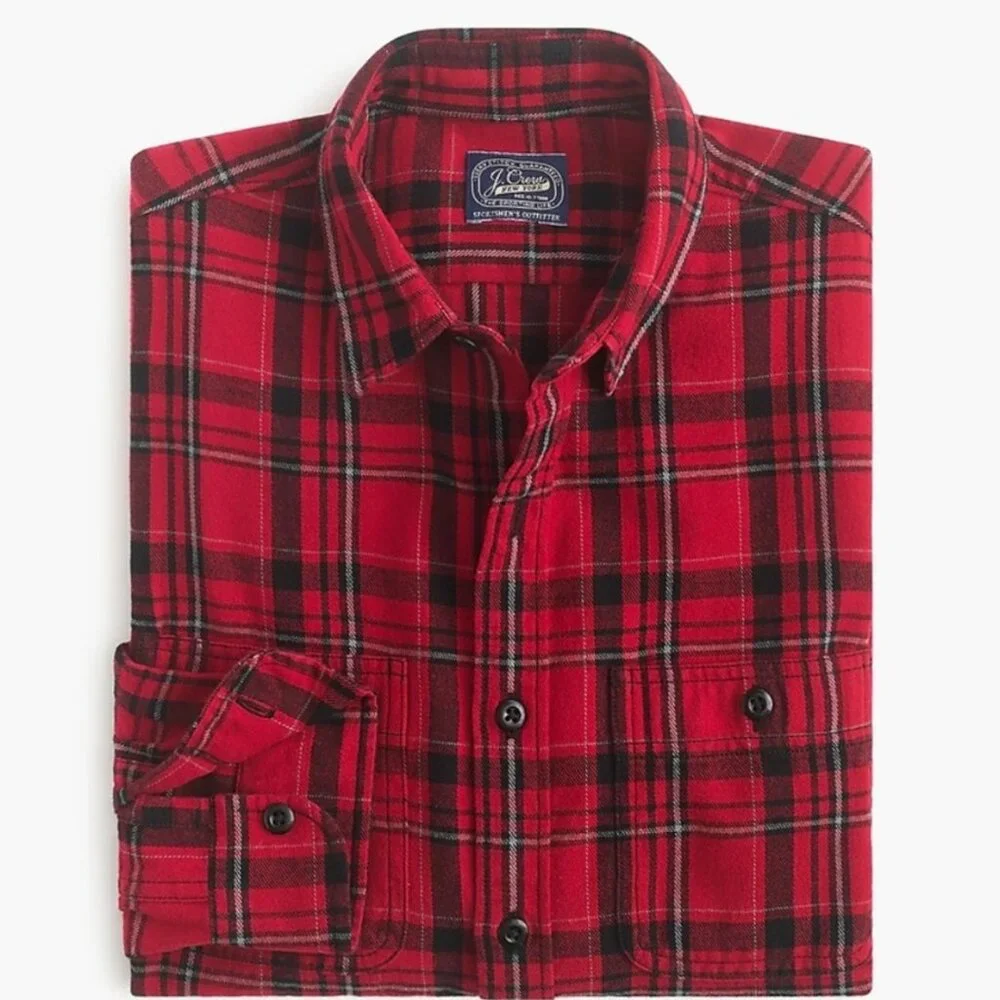EUC Men's J. CREW Midweight Flannel Holiday Red Plaid |‎ Size Large